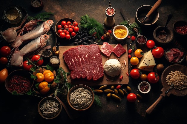 Une table remplie de nourriture, y compris de viande, de légumes et de viande.