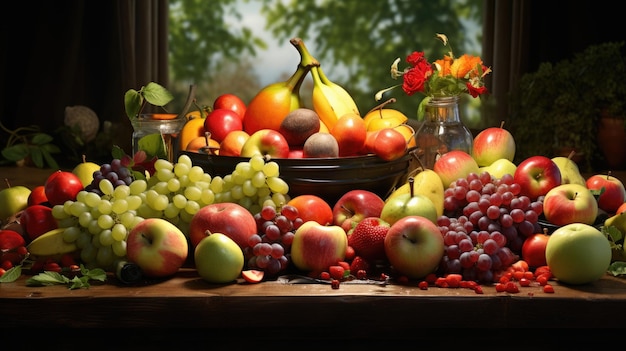 Une table remplie de toutes sortes de fruits comme des pommes, des bananes et des pastèques.