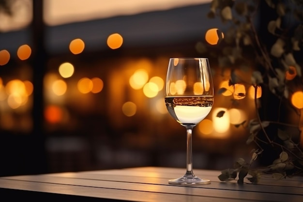 une table de restaurant avec un verre de vin blanc doux lumière dorée restaurant cher avec de belles lumières extérieures et la nuit