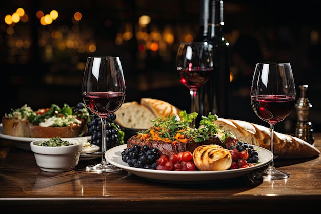 Photo table de restaurant avec des verres à vin et des plats exquis démontrant l'accouplement parfait du vin et de la nourriture fiesta culinaire espagnole ia générative