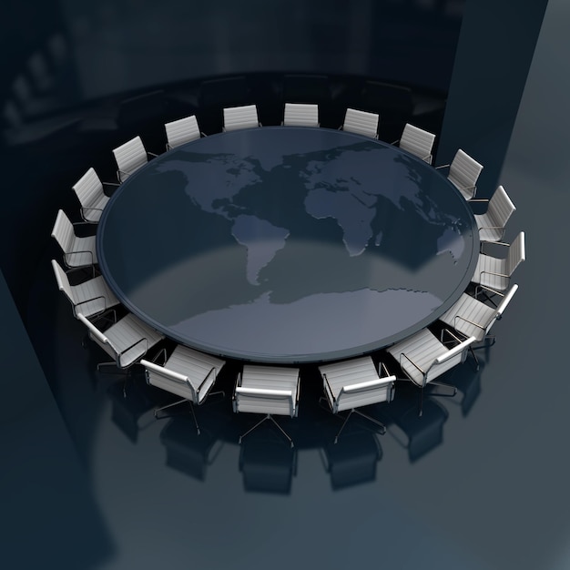 Table de réunion ronde avec la carte du monde en noir