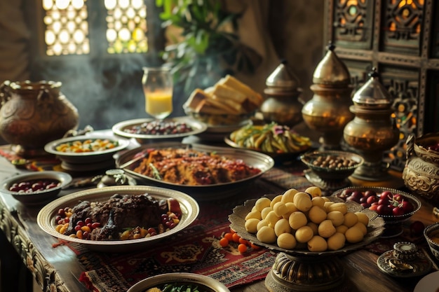 Photo une table richement aménagée avec des délices du ramadan attend la rupture du jeûne au coucher du soleil.