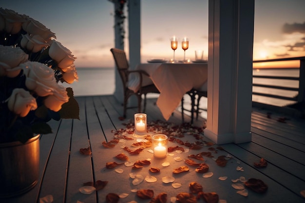 une table romantique avec des bougies et des fleurs sur le pont