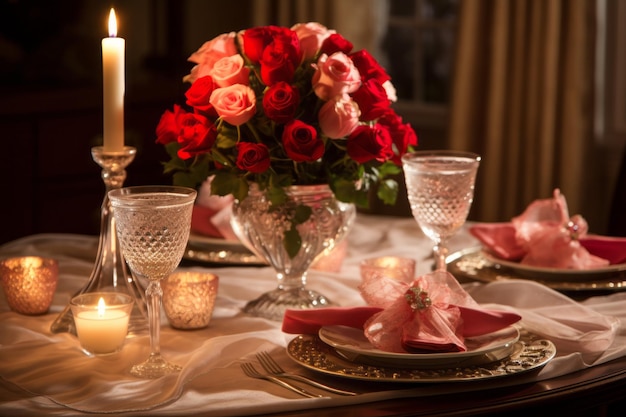 Table romantique avec roses rouges et bougies Mise au point sélective