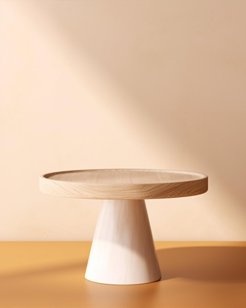 Une table ronde avec une base blanche et un mur rose clair derrière.