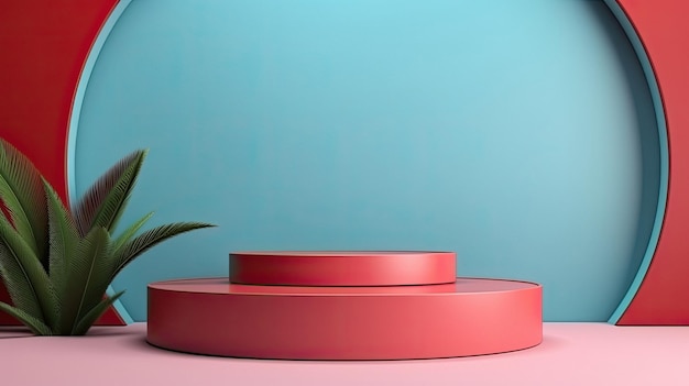 Une table ronde avec une base rouge et une base ronde avec une plante verte au centre.