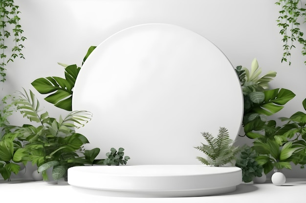 Une table ronde blanche avec une assiette ronde blanche devant une jardinière à fond blanc.