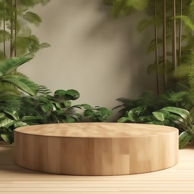 Une table ronde en bois devant un mur végétal à fond vert.