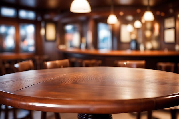 Photo table ronde en bois devant une scène de pub ou de bar floue