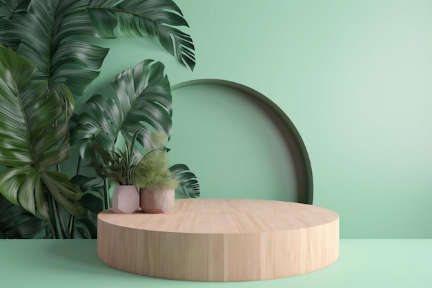 Une table ronde en bois avec un fond vert et une plante en arrière-plan.