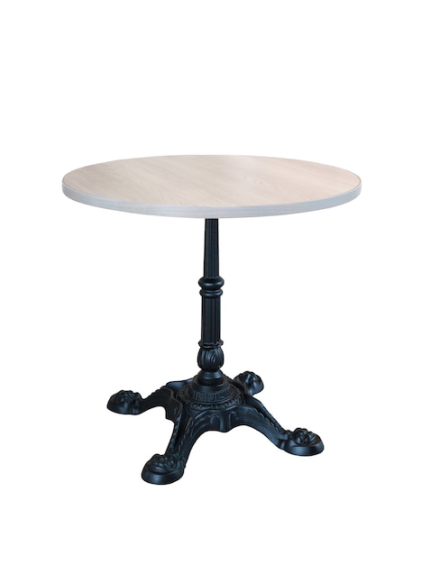 Table ronde en bois avec pieds en fer isolé sur fond blanc