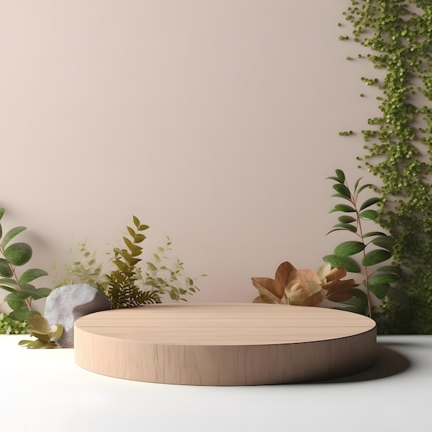 Une table ronde en bois avec une plante dessus et un mur rose derrière.
