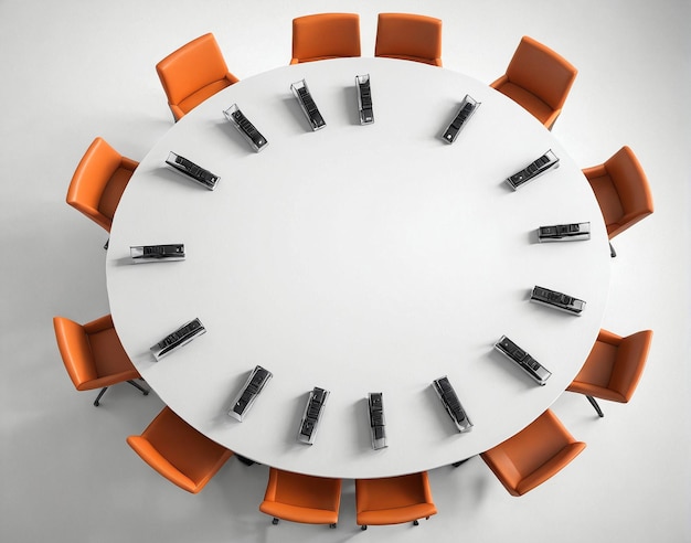 Photo une table ronde avec des chaises orange autour d'elle