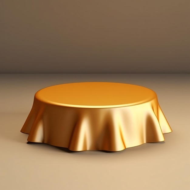 Une table ronde avec un couvercle doré et une nappe dorée.