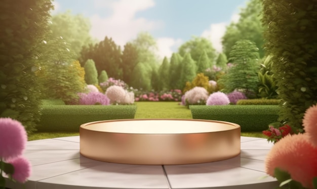 Une table ronde dans un jardin avec un grand anneau d'or dessus.