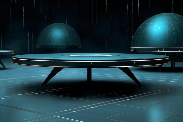 Une table ronde dans une pièce sombre arrière-plan futuriste