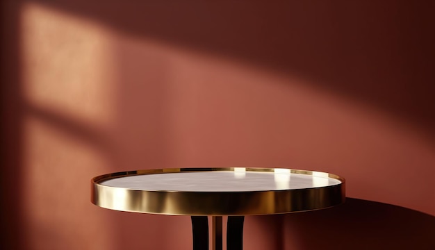 Une table ronde en or avec un fond rouge et une lumière dessus.