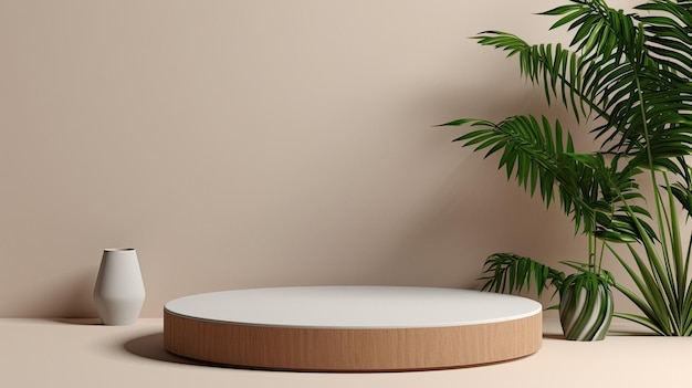 Une table ronde avec une plante dans le coin