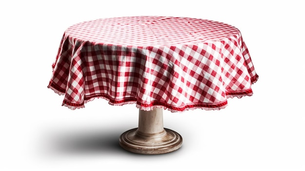 Une table ronde recouverte d'une nappe rouge et blanche sur fond blanc isolé