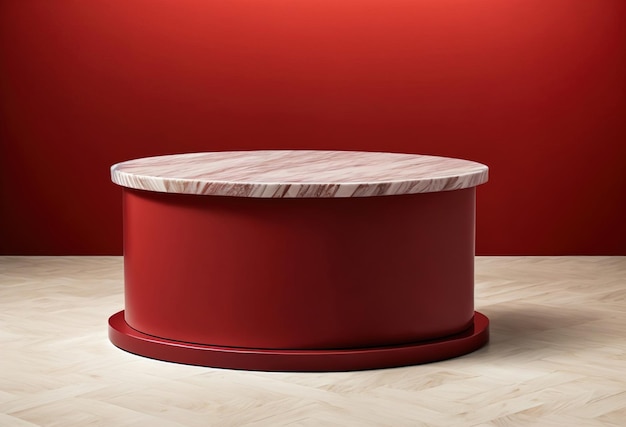 Une table ronde rouge avec un plateau en marbre devant un mur rouge.