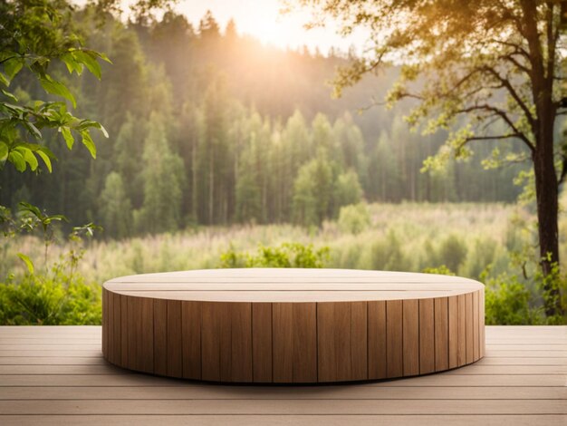 une table ronde avec un sommet rond est assise sur un pont en bois