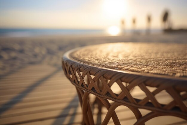 Table ronde vide en osier de rotin dans un restaurant de plage avec vue sur la mer au coucher du soleil