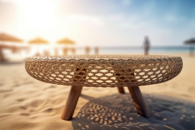 Table ronde vide en osier de rotin sur une plage surplombant la mer au coucher du soleil