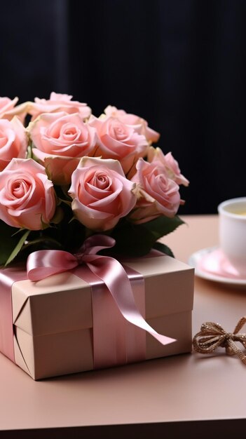 Table rose accueille la fête des mères coffret cadeau kraft rose dans un arrangement chic Fond d'écran mobile vertical