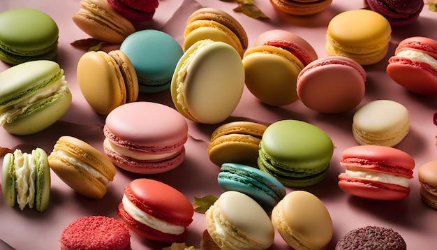 une table rose avec beaucoup de macarons de différentes couleurs dessus