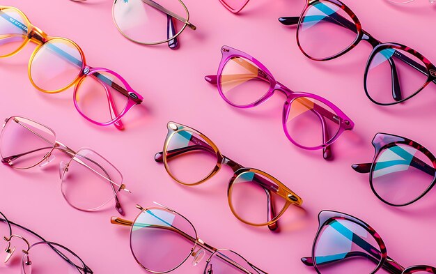 une table rose a beaucoup de verres sur elle et l'un a un cadre bleu et violet