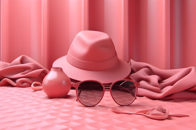 Une table rose avec un chapeau et des lunettes de soleil dessus