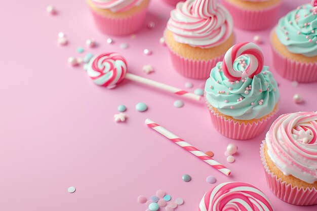 Table rose sur fond rose avec des sucettes et des cupcakes décorés fête d'anniversaire d'enfants