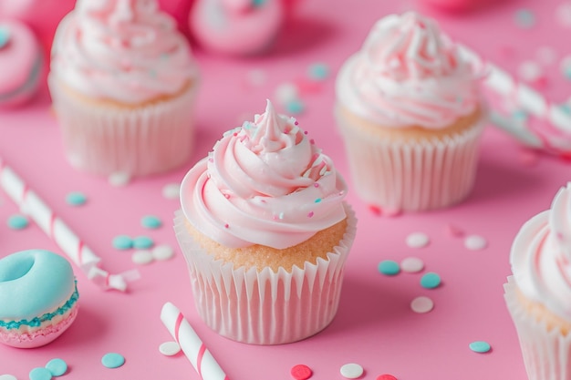 Table rose sur fond rose avec sucettes et gâteaux décorés fête d'anniversaire pour enfants