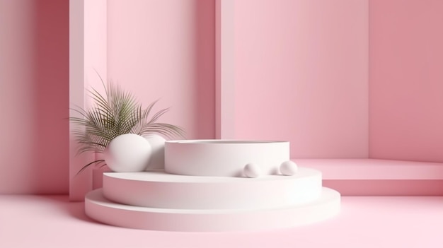 Une table rose avec un objet rond blanc dessus.