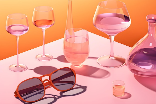 Une table rose et orange avec des lunettes de soleil et une bouteille de vin et quelques cocktails