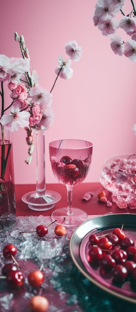 Une table rose avec un verre de vin et un bol de cerises dessus.