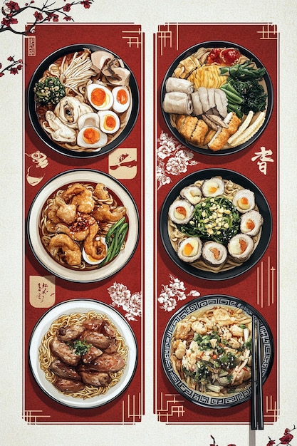 une table rouge avec une assiette de nourriture et un fond rouge avec des caractères chinois dessus
