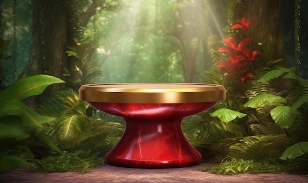Une table rouge au milieu d'une forêt avec un plateau doré.