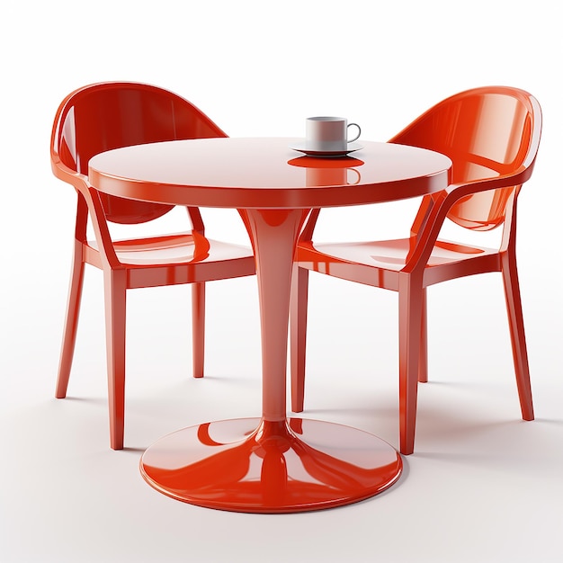 une table rouge et des chaises avec une tasse dessus