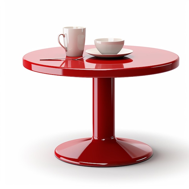 une table rouge avec deux tasses et des saucers dessus