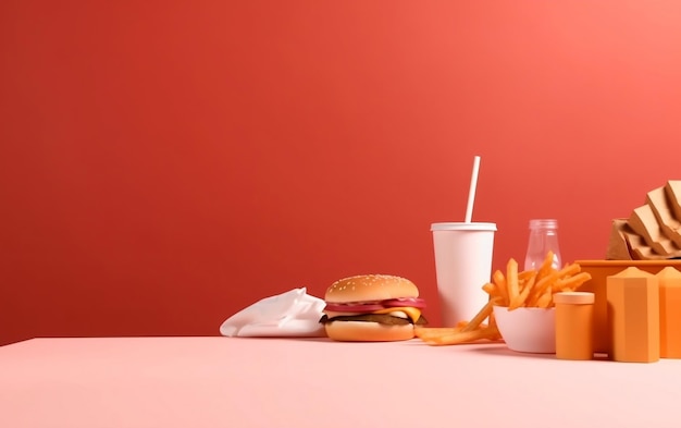 Une table rouge avec des frites de hamburger et une tasse de frites