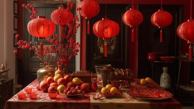 Une table rouge avec des lanternes chinoises et une lanterne chinoise dessus.