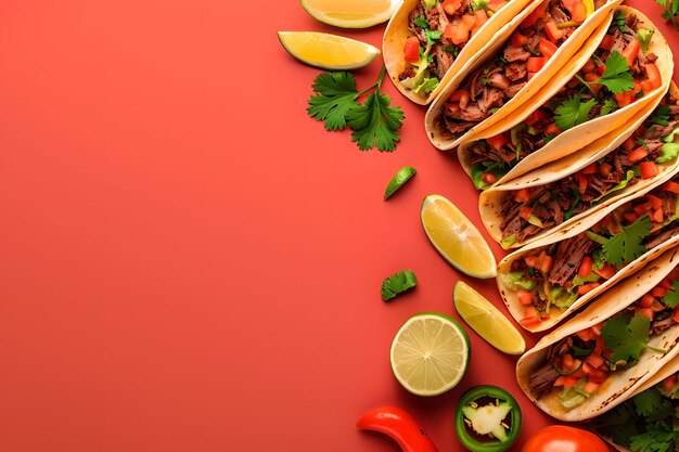 une table rouge avec de la nourriture et un fond rouge avec les mots taco dessus