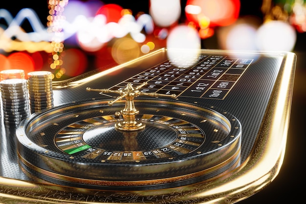 Photo table de roulette américaine et piles dans un casino. modèle de casino créatif, conception d'arrière-plan, dépendance, en-tête pour site web. illustration 3d, rendu 3d.