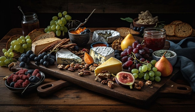 Une table rustique affiche des fromages de charcuterie français gastronomiques générés par l'IA