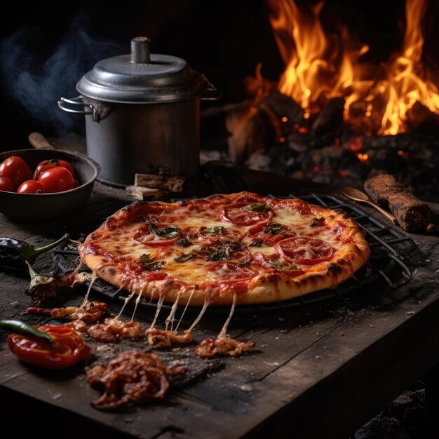 Table rustique en bois avec pizza Margarita avec feu à l'arrière owen ai génératif