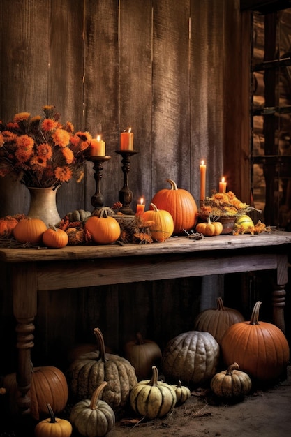 Table rustique avec des bougies, des citrouilles et des feuilles d'automne créées avec une IA générative