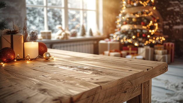 Table rustique avec des décorations de Noël en arrière-plan