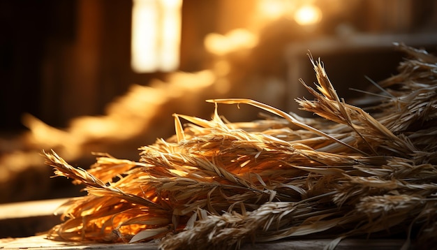 Photo table rustique avec du blé frais automne beauté dorée à l'intérieur générée par l'ia