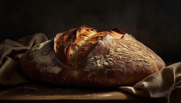 Une table rustique avec du pain frais généré par l'IA